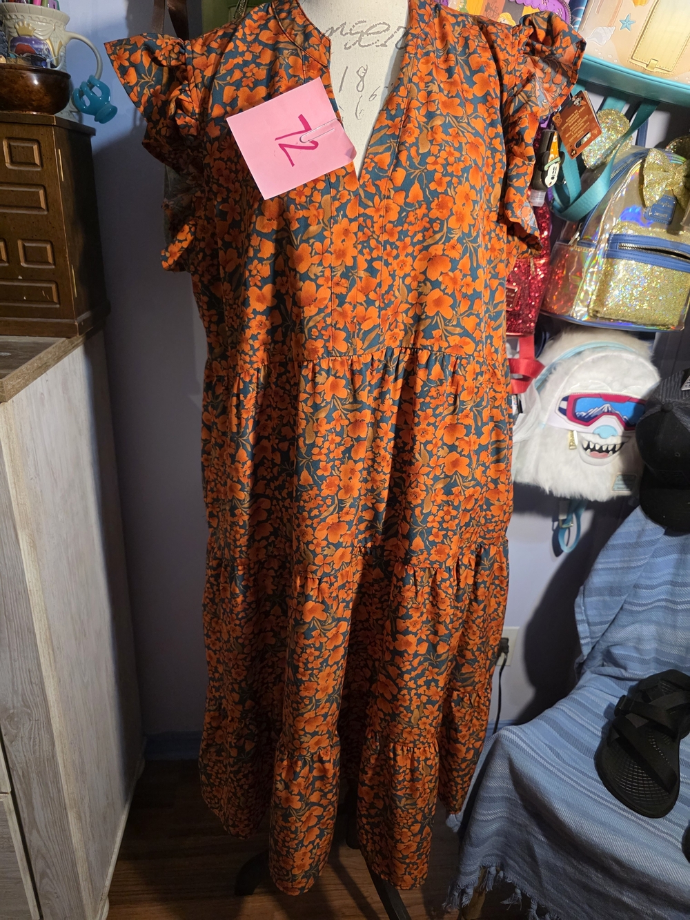 Entro Dress Size 1x Orange And Green Tier Skirt